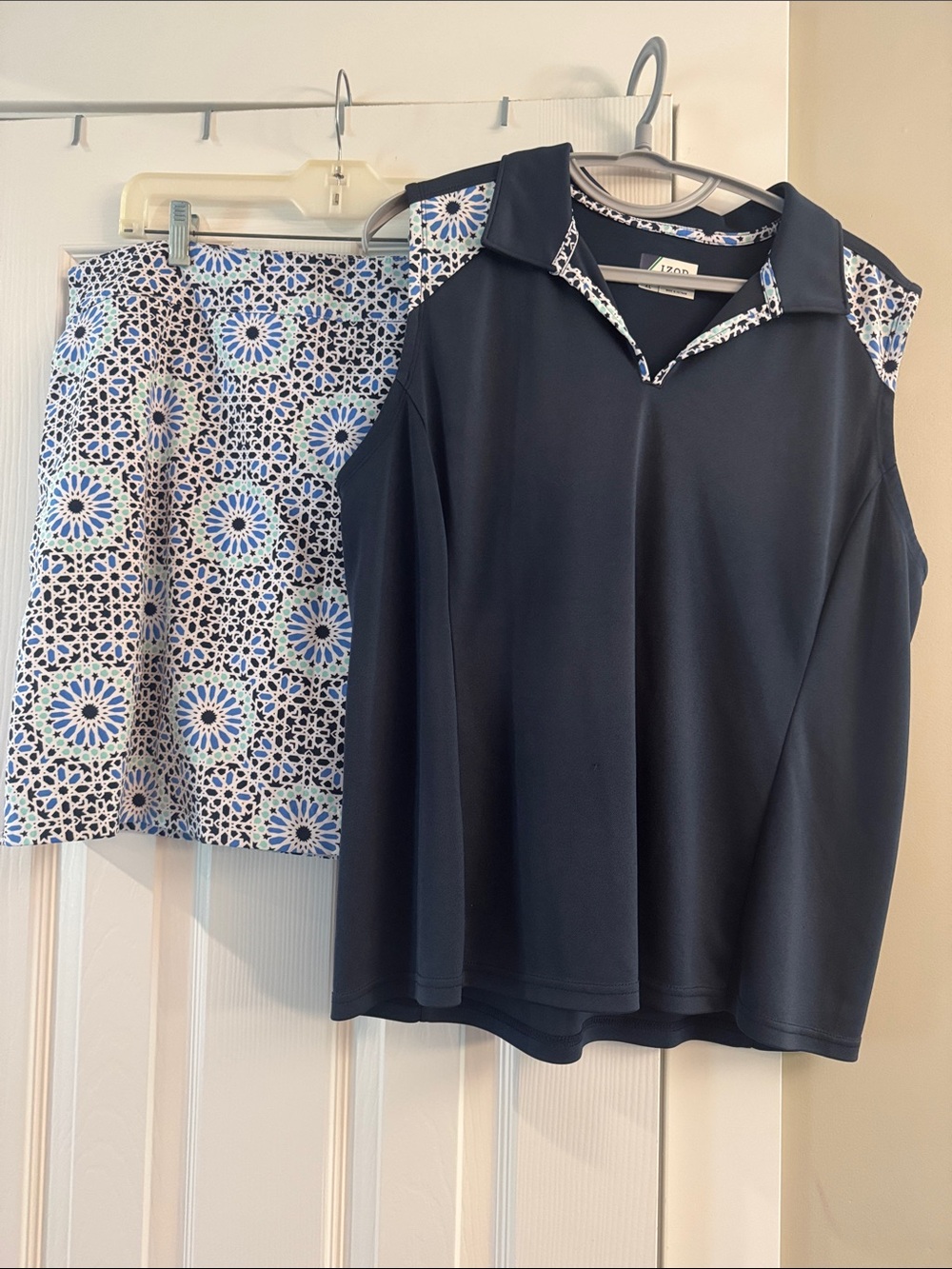 Izod Navy Sleeveless Polo Top and Skirt Set with Blue Floral Trim